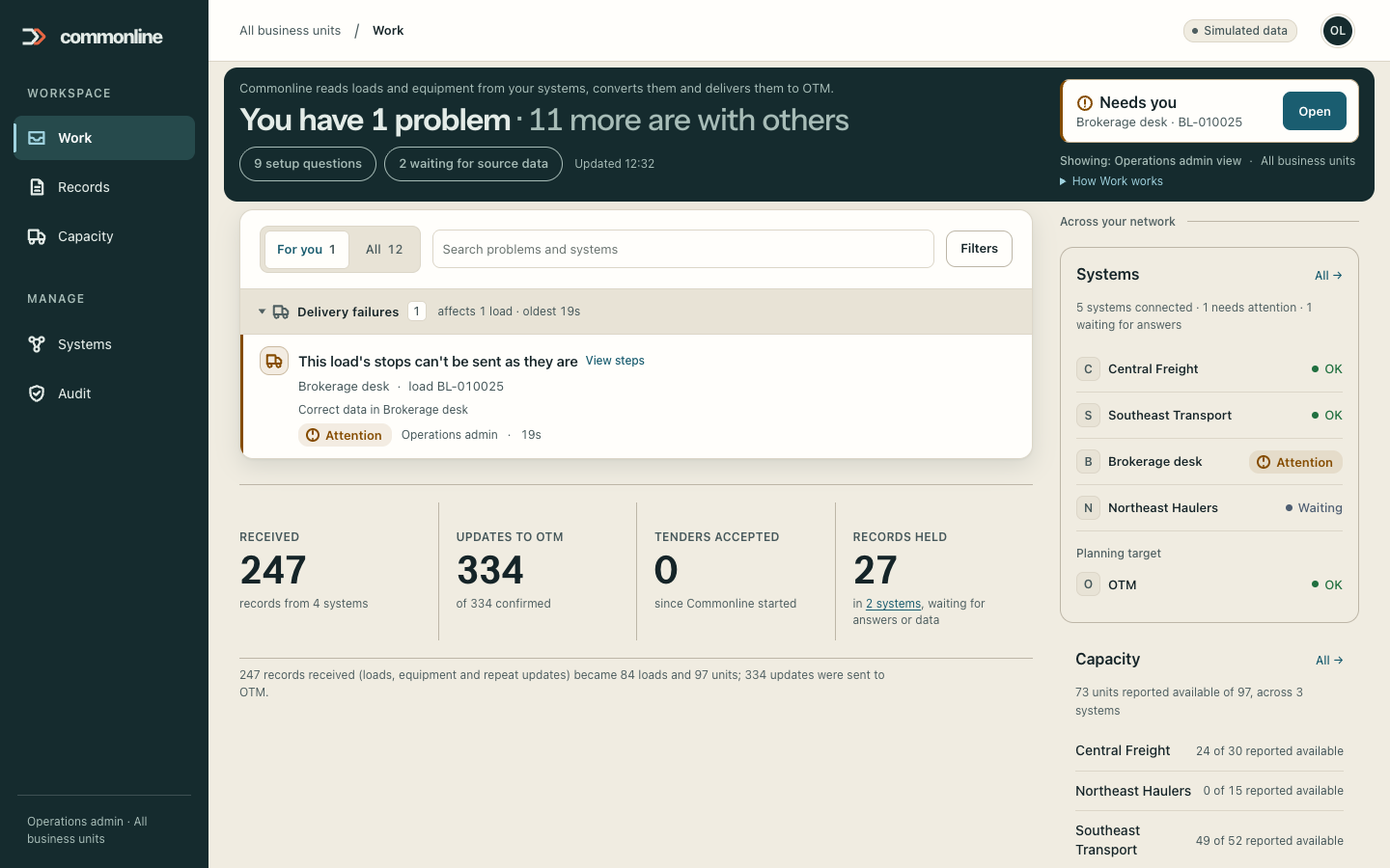 Commonline work queue with freight exceptions and responsible roles